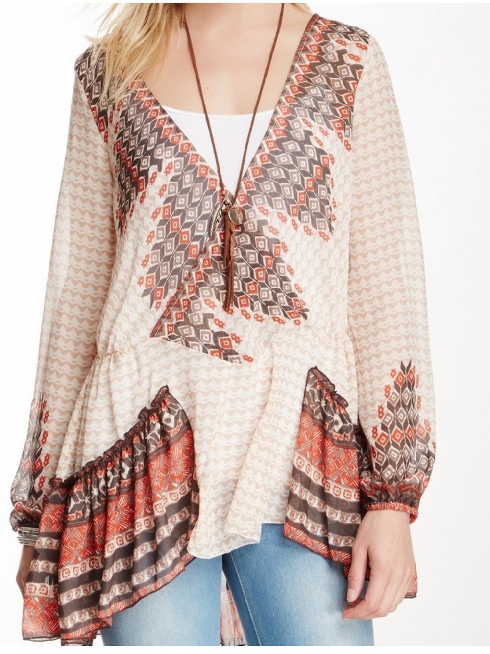 Free People Into the Mystic Cream Tunic with Rust & Brown boho Print! Like new
